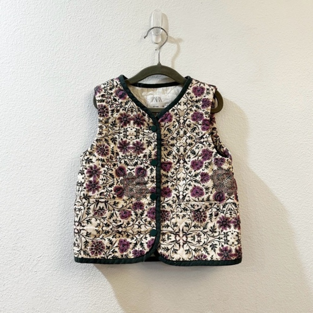 ZARA KIDS FLORAL PRINT QUILT VEST Green‎ Size 4-5Y NWOT - Picture 3 of 10